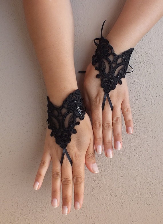 Black lace glovelet french lace bridal gloves lace wedding fingerless mystic black gloves burlesque vampire glove guantes