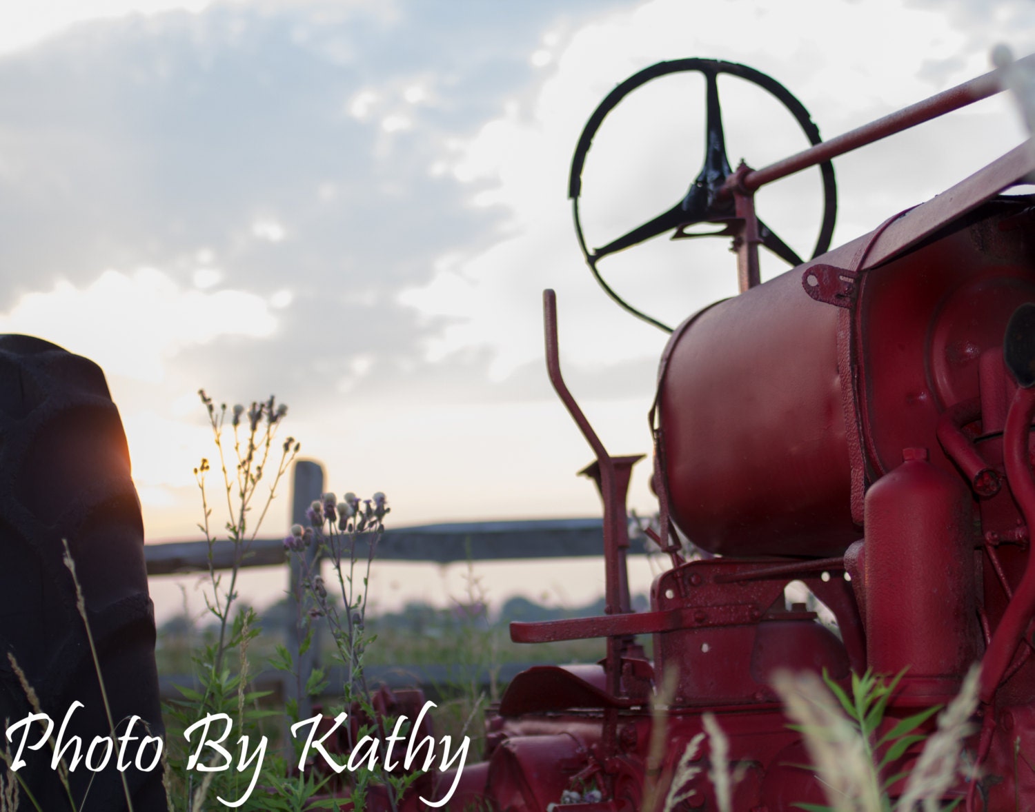 Antique Red Tractor at Sunrise - MakeOneForMeToo