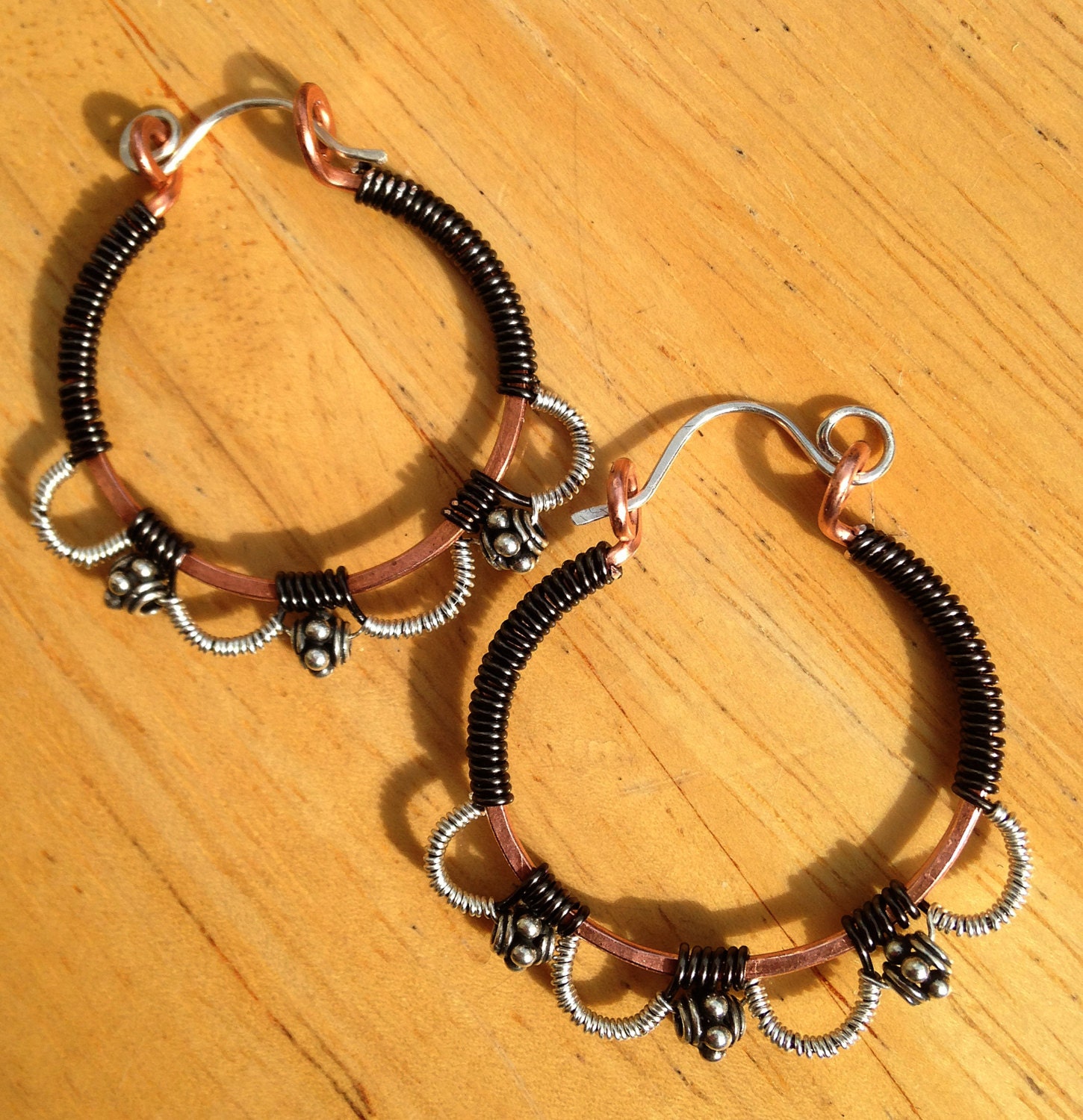 RUSTIC BOHO Mixed Metal Hoop Earrings in Sterling Silver, Copper and Gunmetal with Authentic Bali Silver Beads