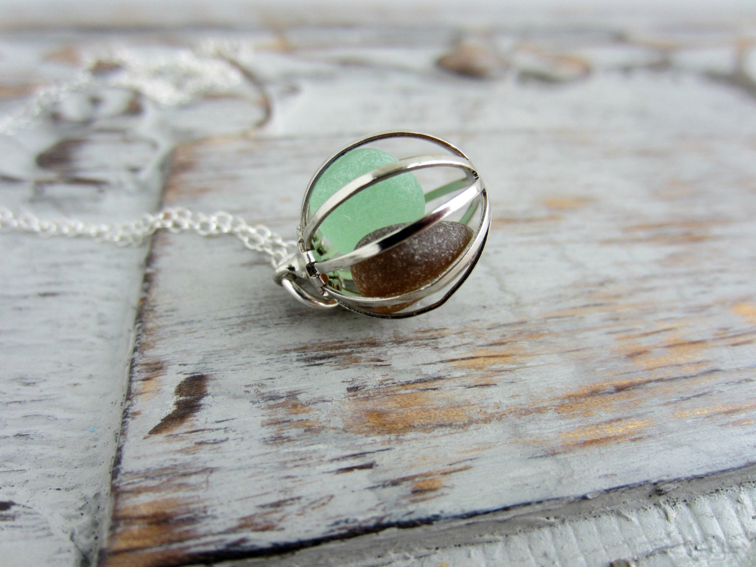 Chocolate Mint Sea Glass Necklace Stainless Steel or Sterling Silver Chain, Cage Locket, Mermaid Tears, Beach Necklace Seafoam and Brown - BeachCoveJewelry Chocolate Mint Sea Glass Necklace Stainless Steel or Sterling Silver Chain, Cage Locket, Mermaid Tears, Beach Necklace Seafoam and Brown - BeachCoveJewelry