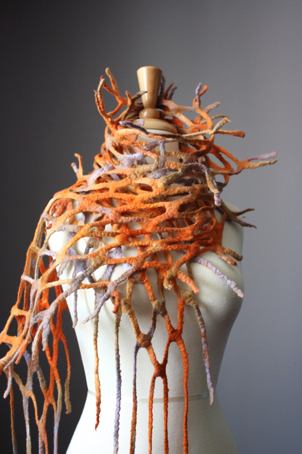Felted scarf wool Orange earthy Fish net for Spring , Roots and branches scarf