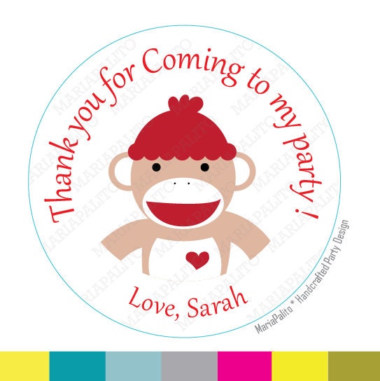 Sock Monkey stickers Party Personalized Sock Monkey PRINTED round Stickers, tags, Labels or Envelope Seals MariaPalito A797 Il_570xn