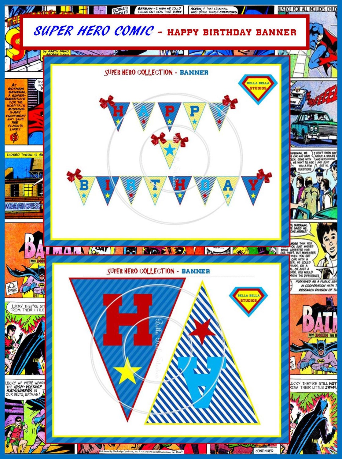 SUPER HERO COMIC Happy Birthday Party Banner - Printable Instant Download by Bella Bella Studios Il_570xn