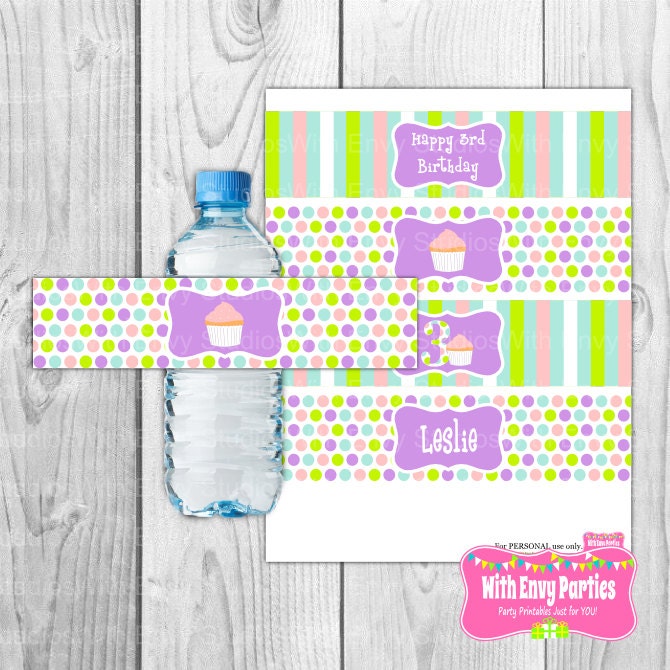 Cupcake Party Water Bottle Labels, Printable Water Bottle Labels, Water Bottle Wrappers, Water Bottle Wraps Il_570xn