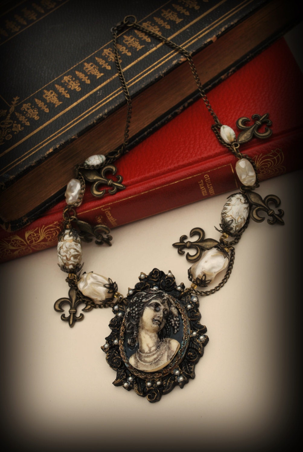 Victoriana steampunk gothic pearl cameo statement necklace