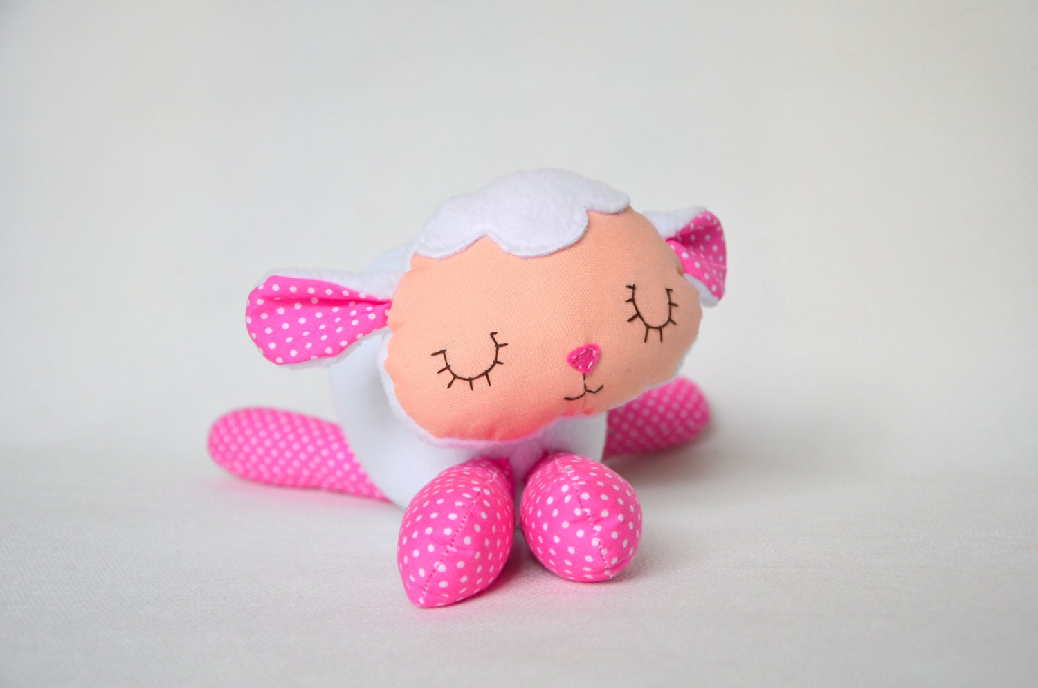 Stuffed Animal Lovely little lamb  pink and white dots. Sweet and soft toy. - baraqada