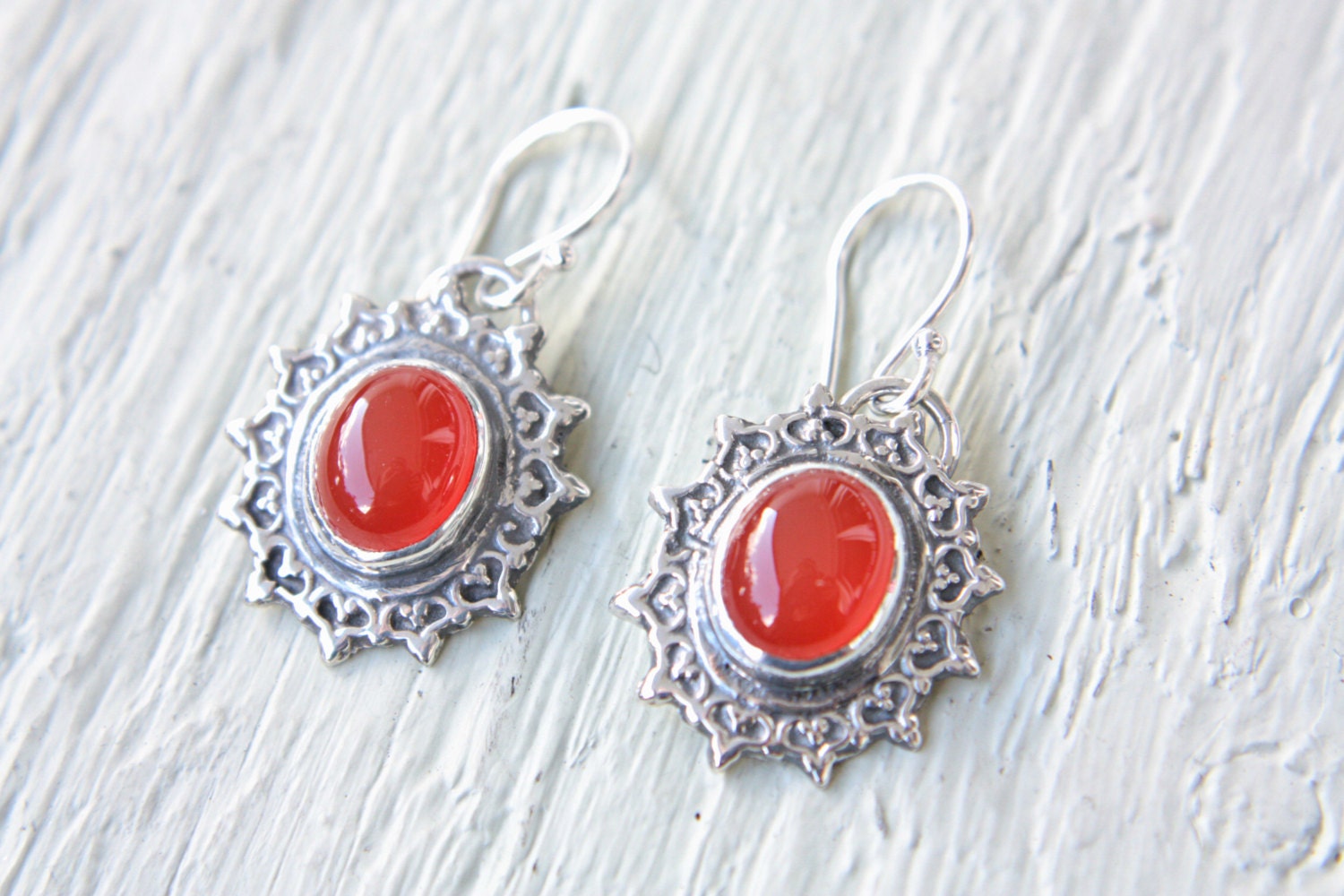 Lace Carnelian Earrings Sterling Silver Handcrafted Silversmith Metalsmithed Gemstone - ManariDesign