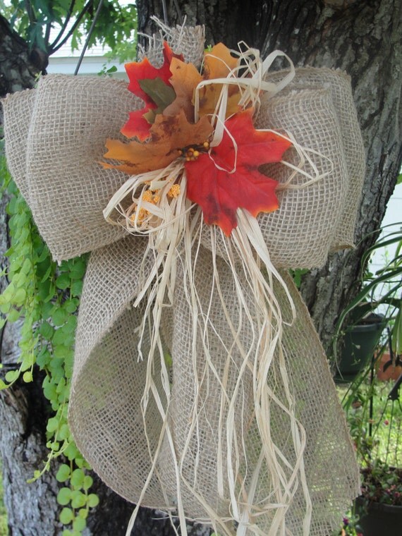 Items similar to Burlap bow, rustic bow, with Raffia Fall Leaves for