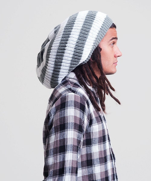 White rasta tam / dreadlocks hat with wide grey by Dreadstuffs