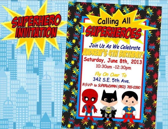 SUPER HERO Invitation- SuperHero party for Spiderman, Superman and Batman - Boy Birthday Party Il_570xn