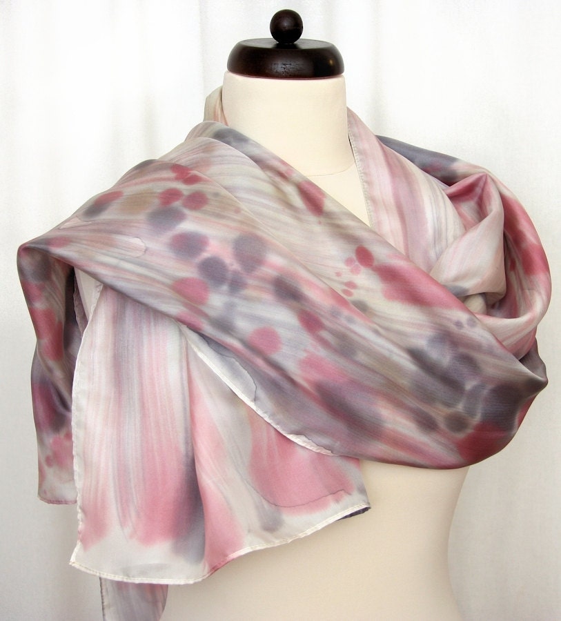 Hand painted silk scarf in the colors of gray, brown and green with dots - DorSilk