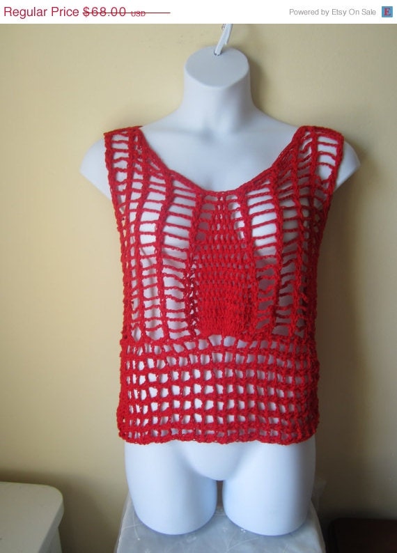 pineapple lace top, crochet top, Blouse,  blouse #713  Pineapple Crochet crochet Red  sleeveless design summer