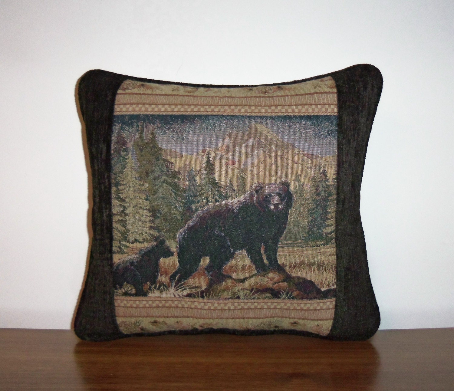 Black Bear and Cub Tapestry Pillow Cabin Decor by timberlineltd