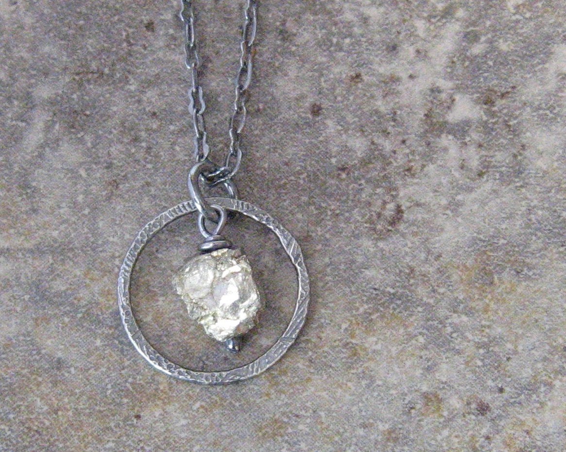 pyrite and silver pendant necklace, rustic oxidized necklace - theBeadAerie