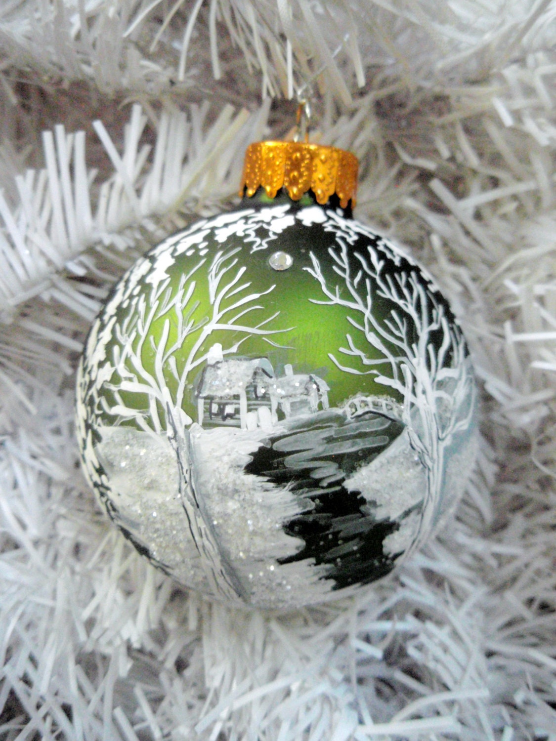 Personalized Painted Christmas Ball- Meandering Creek Snow Cabin by River, White Winter Landscape Handpainted Moss Green Glass Ball Ornament - PickleLilyDesign