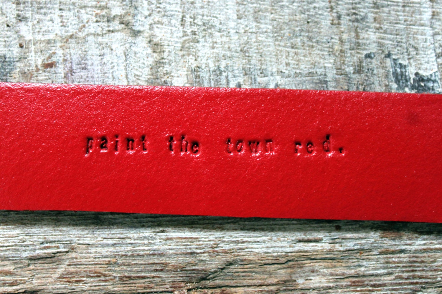 New! Paint the Town Red- Cherry Red Leather Bracelet, Typewriter Text Jewelry, Snap Cuff