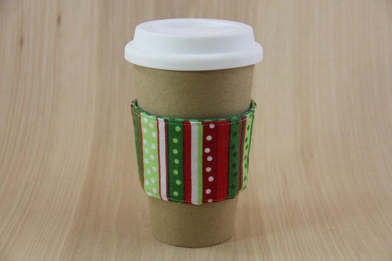 Reversible Coffee Cup Sleeve - Christmas Stripes - Ready to Ship