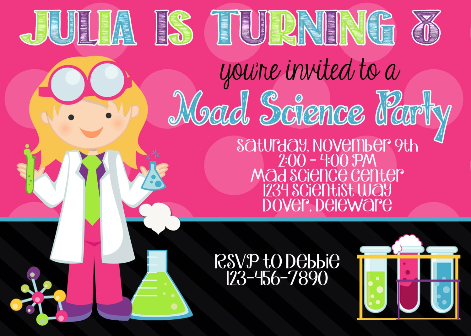 Mad Scientist 5x7 Invitation - Girl Birthday Party - PRINTABLE Il_570xn