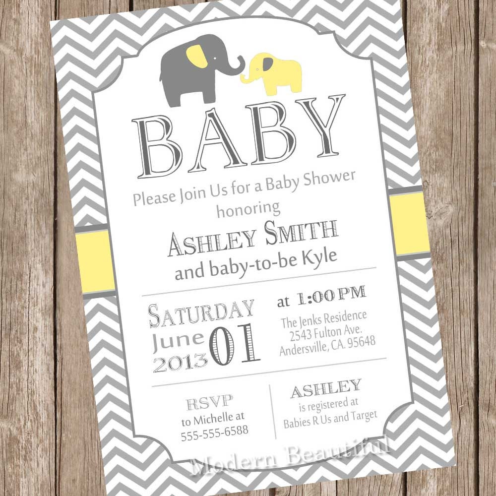 ... baby shower invitation, yellow, grey, elephant, chevron, printable