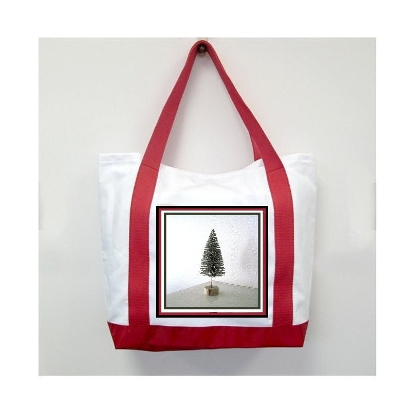 Christmas Red Handle Tote Bag, Christmas Tree, New Canvas Styling, Original Photography  By Loves Paris Studio, 5 Styles,  FREE SHIPPING USA