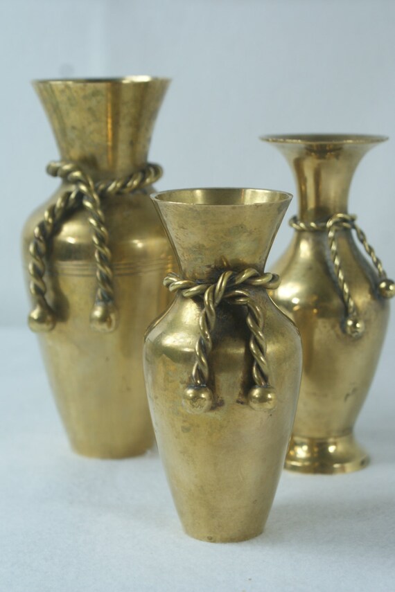 Trio of Brass Vases. Rope and Tassel Details. by FIGHOUSEVINTAGE