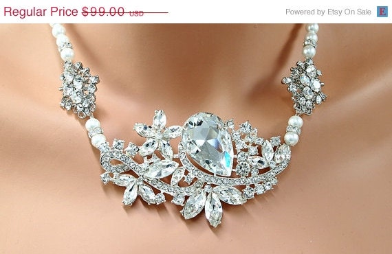 ON SALE Bridal Necklace Pearl Rhinestone Wedding Necklace Il_570xn