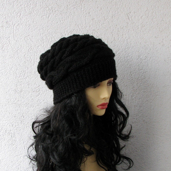 women slouchy - beanie hat - Slouch Beanie  - BLACK hat -  Knit Winter Fall Accessories Knit Cable - AlbadoFashion