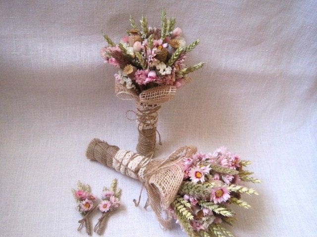 Wedding country bouquet set shabby chic pastel wedding ,wheat bouquets ,rustic wedding ,dried flowers bouquets and buttonholes farm wedding - FlowerDecoupage