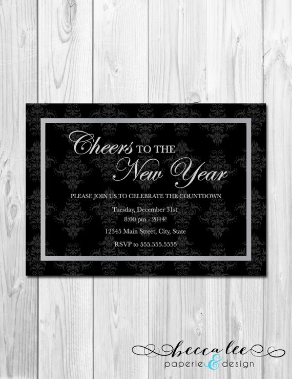 New Years Party Invitation - Cheers to the New Year - Black and Grey Damask - DIY - Printable Il_570xn
