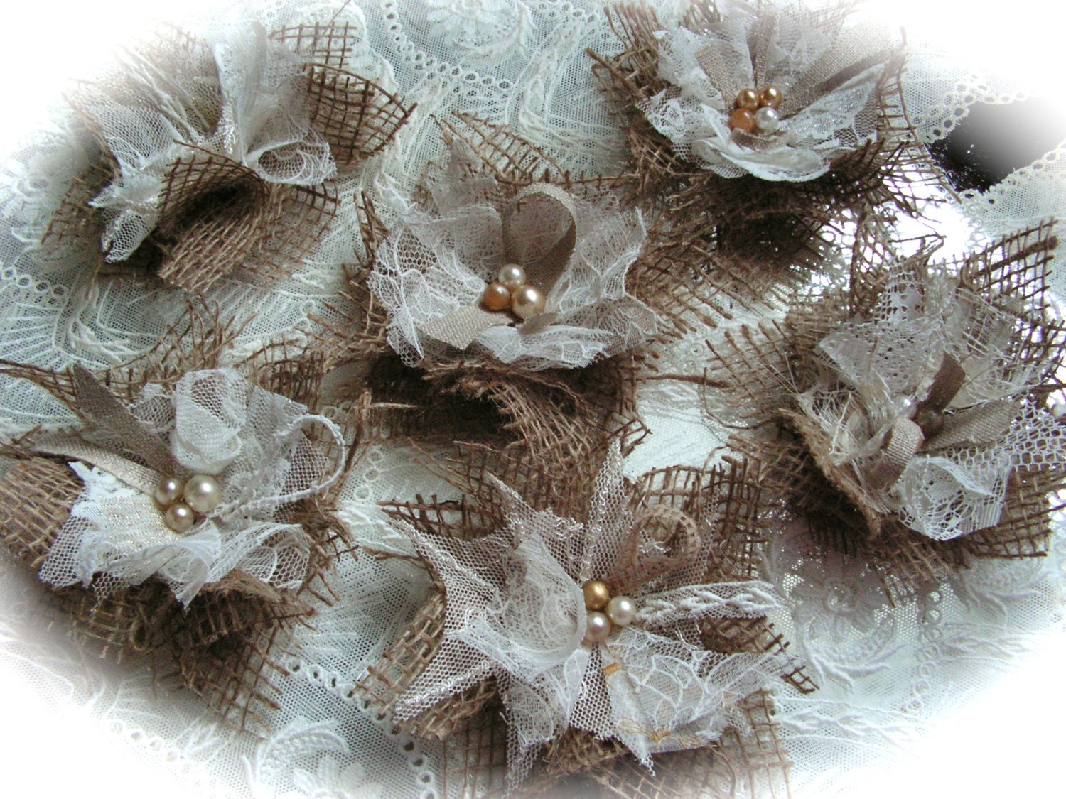 Burlap and Lace  fabric flowers  applique embellishment in ivory  color - set of 6.