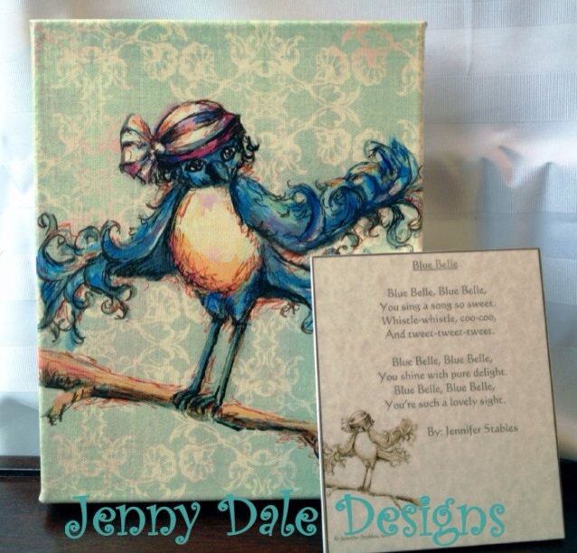 Canvas art, blue bird, whimsical nursery print-8x10 limited edition canvas print ready to hang - JennyDaleDesigns
