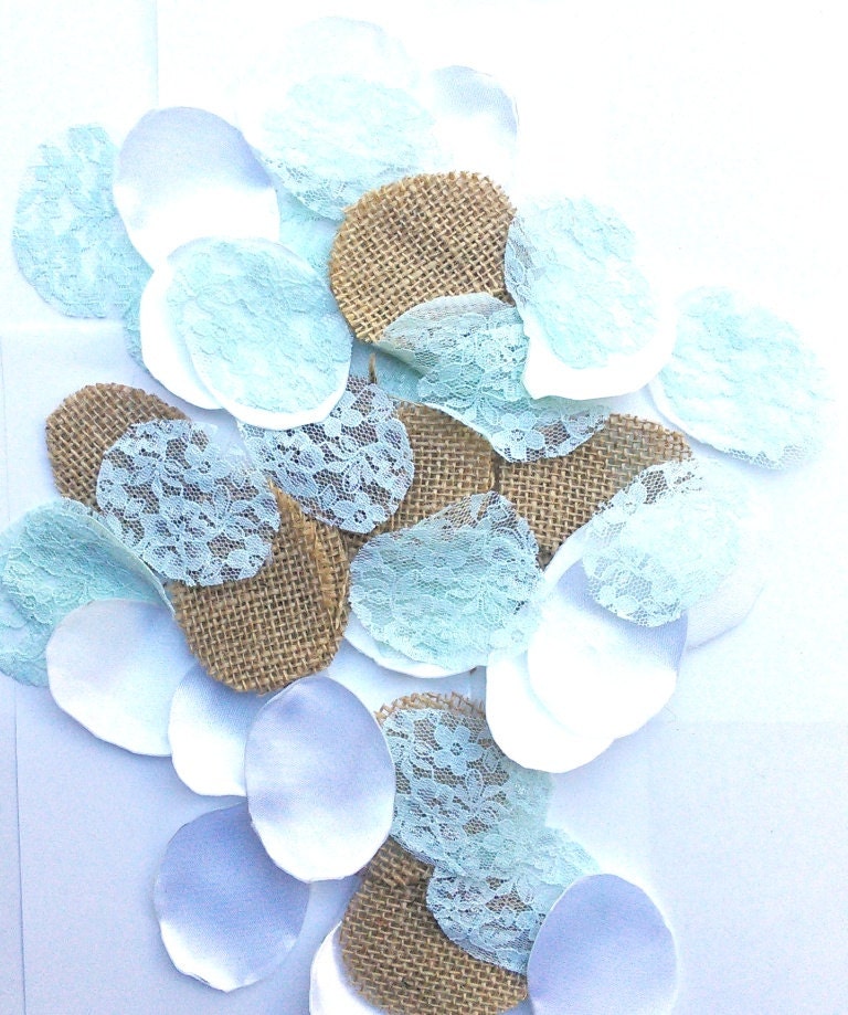 Mint Green Flower Petals, 100, Burlap, Lace. Handmade, Wedding Flower Petal Shabby Chic Bridal Decor Table Scatter flower girl Aqua blue