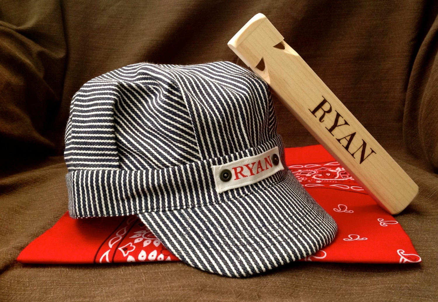 Personalized Train Hat, Personalized Train Whistle and Red Bandana - AllAboardWhistle