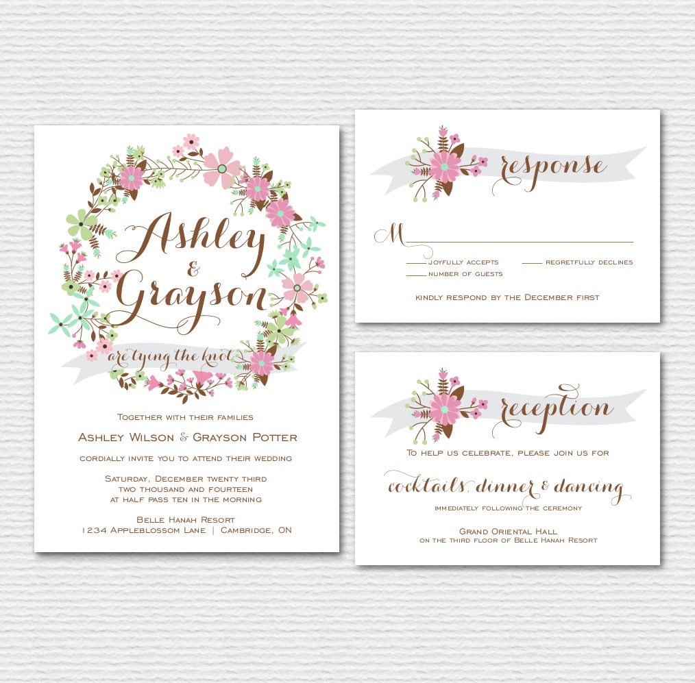 Printable Wedding Invitation Set - Whimsical Floral Wreath - Spring Wedding Invitation - Garden Wedding Invitation Suite - Customizable - BelleHanahPaperie