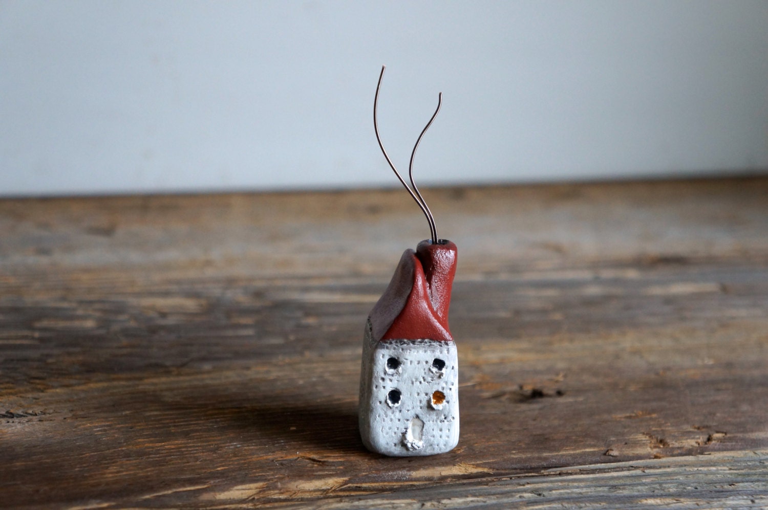 Miniature Cob House - Hand Sculpted Clay House - Rustic White And Barn Red - Ready To Ship - Mymindsattic