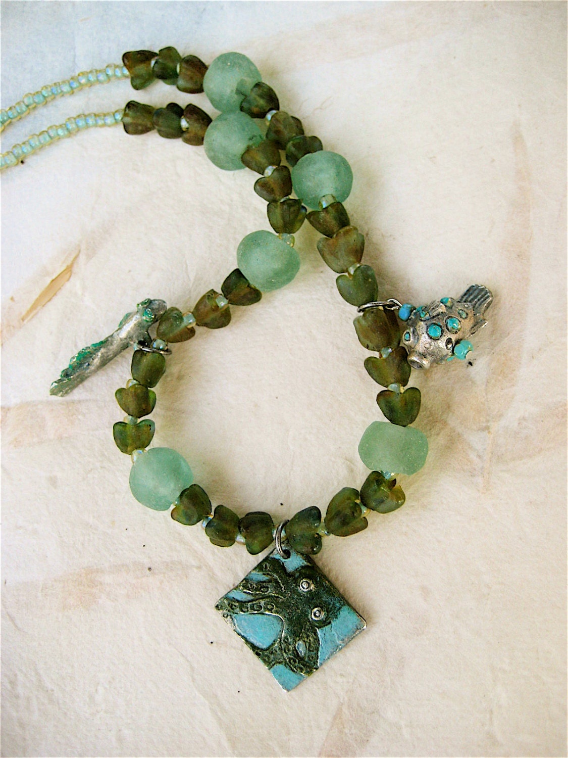 Green Octopus Necklace with Artisan Pendant and green and Aqua Recycled Glass Beads Undersea Theme - CatchingWaves