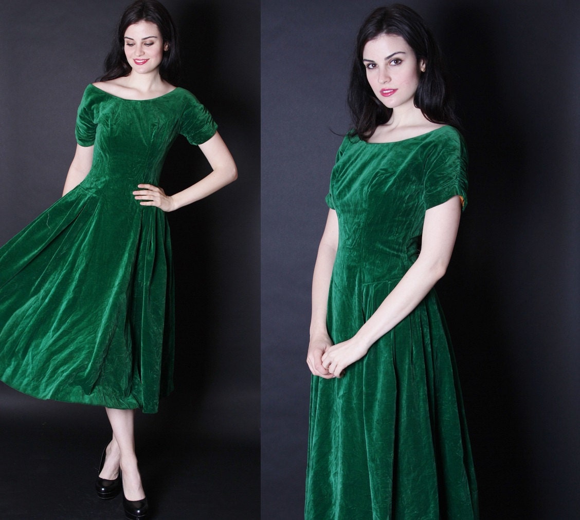 Green Velvet Party Dress Vintage Cocktail Dress By Aiseirigh 