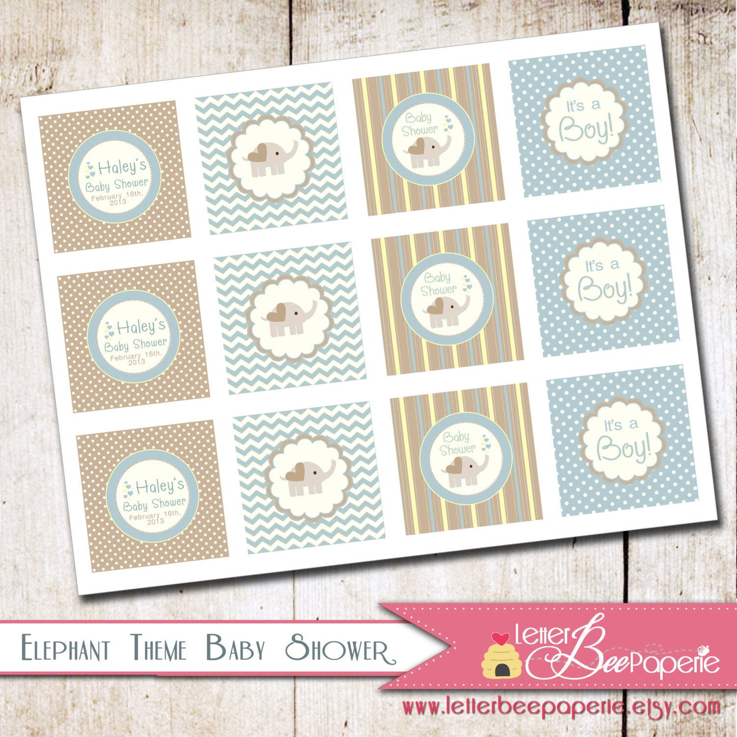 Baby Elephant Cupcake Toppers for Baby Shower / Birthday - DIY Printable 2" Squares - Choose Your Colors - Boy/Girl/Gender Neutral - Partie Il_570xn