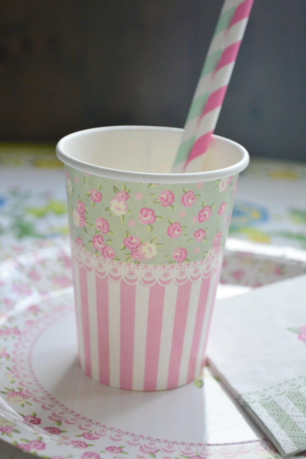 Party Floral plates and Green Cups  Paper Stripe Pale vintage and  paper cups Ditsy Pretty Pink