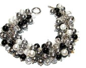 Cluster Bracelet White and Grey Pearls, Black Jasper, and Faceted Clear Crystals, Bridesmaid Bracelet, Black Tie Event Jewelry - SeagullSmithJewelry