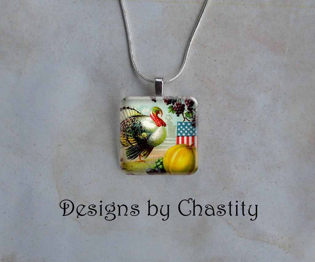 Thanksgiving Turkey Necklace Pendant Glass Tile Charm - Chain Included - DesignsbyChastity