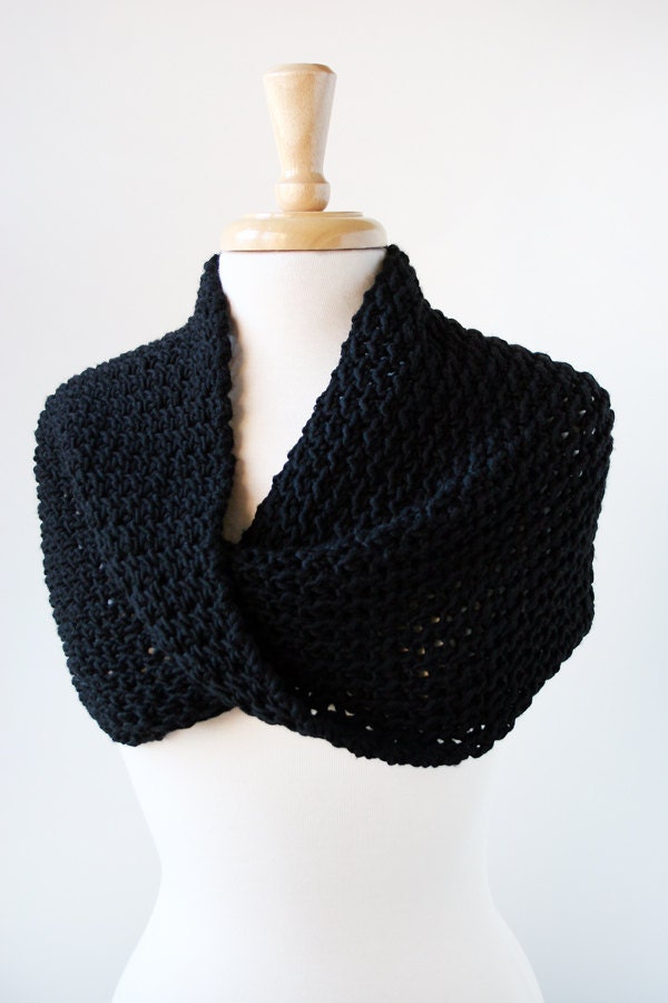 Merino Wool Knit Scarf or Shoulder Wrap - Infinity Scarf - Black - ElenaRosenberg