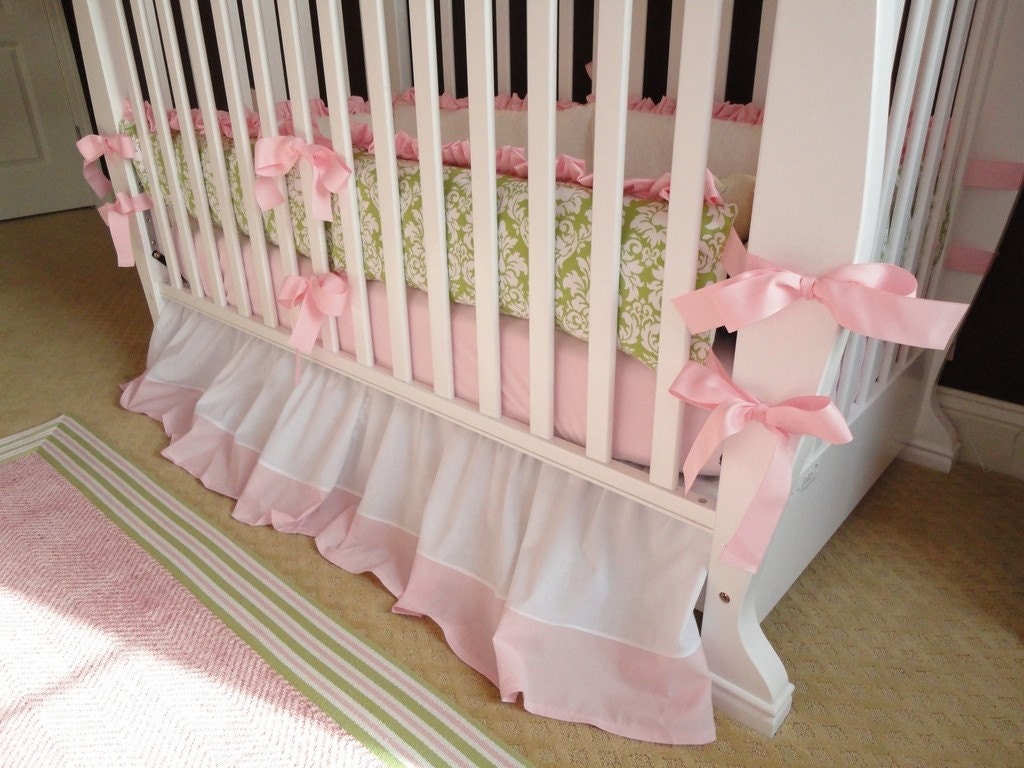 Custom Pink and Green Damask Nursery 2-Piece Boutique Crib Bedding Set with Pink satin Ruffle