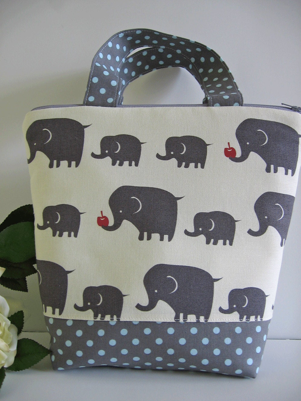 Grey Elephants / Insulated Lunch Bag / Elephants / lunch Tote / gray / ready to ship