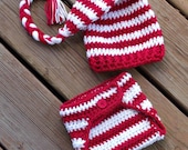 Baby Elf Hat & Diaper Cover Set, Red White Striped Hat and Diaper Cover Newborn Photo Prop, Elf Hat Baby, Crochet Stocking Hat in 3 Sizes - puddintoes