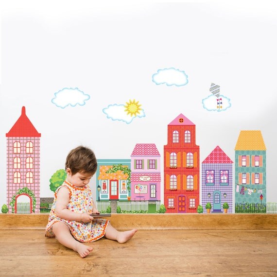 Girl's Dollhouse Town Wall Decals Removable and by WallDressedUp