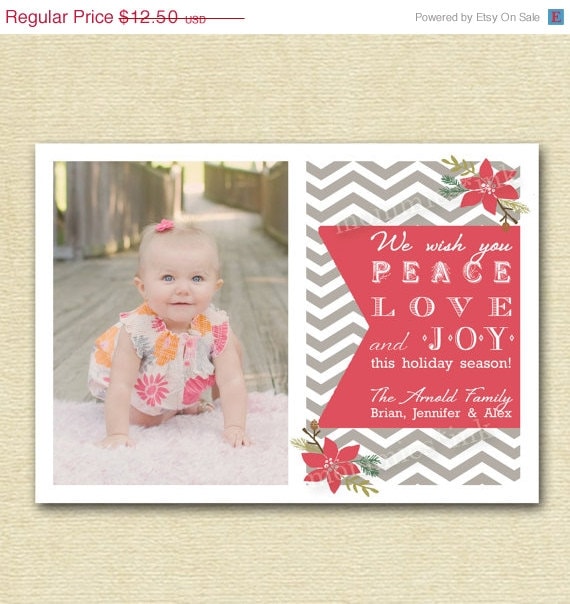 10% Off Holiday Sale Gray Chevron and Poinsettia Photo Holiday Christmas Card -Muted Colors- PRINTABLE CARD DESIGN Il_570xn
