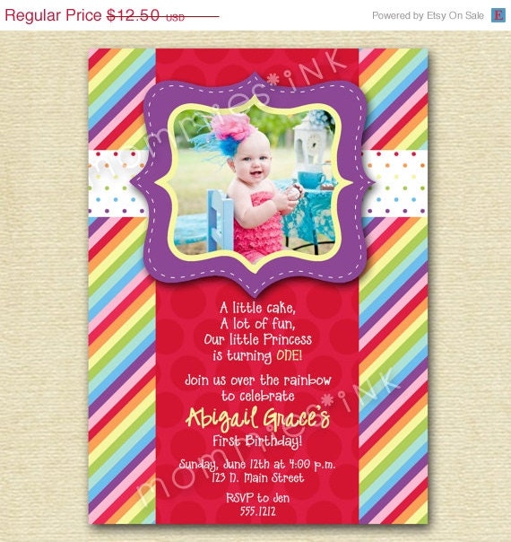 10% Off Holiday Sale Mod Chic Rainbow Dots and Stripes Photo Birthday Invite - PRINTABLE INVITATION DESIGN Il_570xn