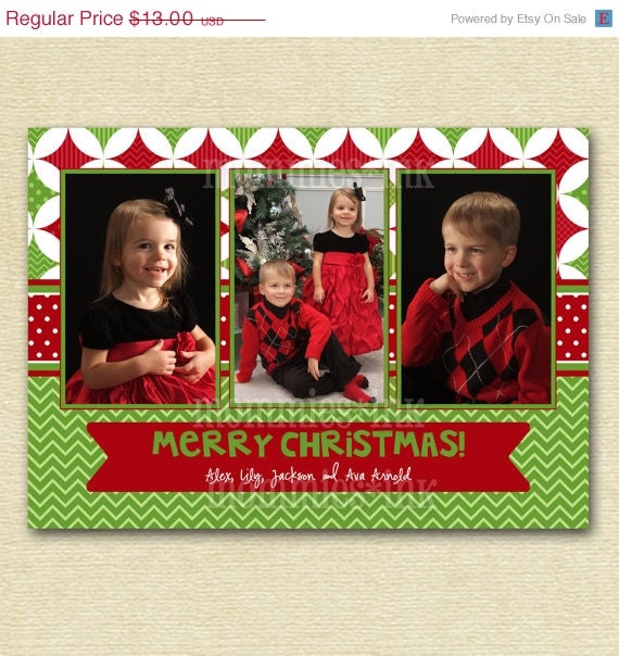 10% Off Holiday Sale Mod Red and Green Quatrefoil and Chevron Three Photo Custom Christmas Card - PRINTABLE CARD DESIGN Il_570xn