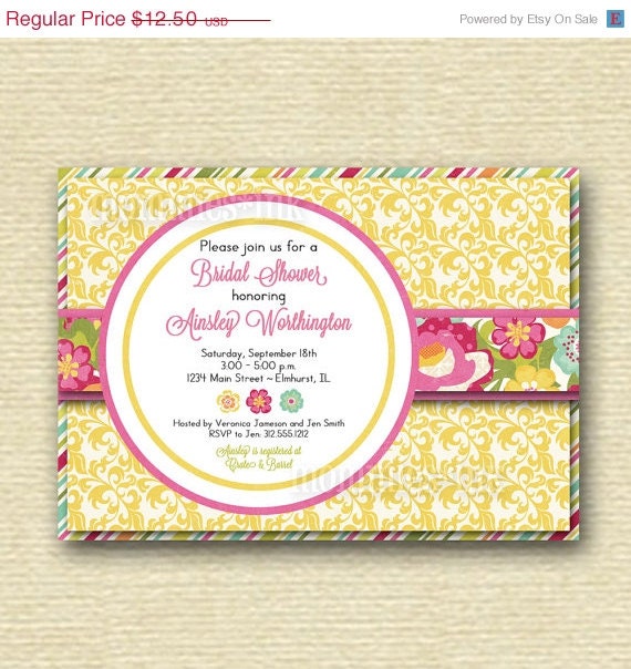 10% Off Holiday Sale Shabby Chic Yellow Damask and Spring Flowers Bridal Shower Invite - PRINTABLE INVITATION DESIGN Il_570xn